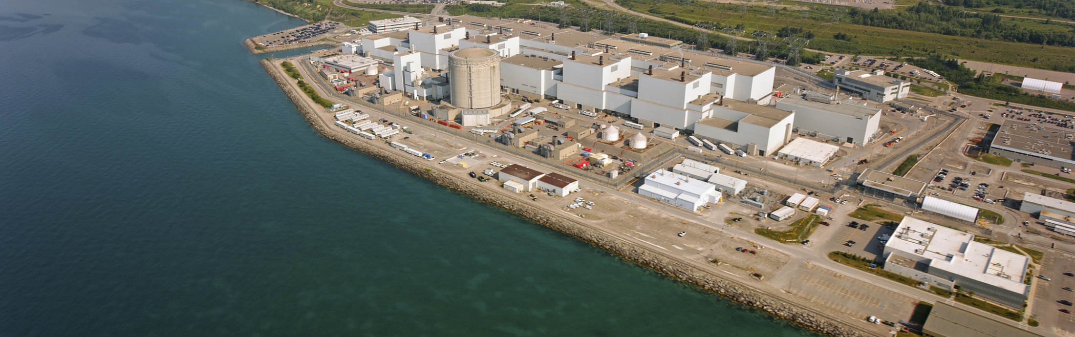 Aerial view of the Darlington Nuclear Generating Station on the shore of Lake Ontario.