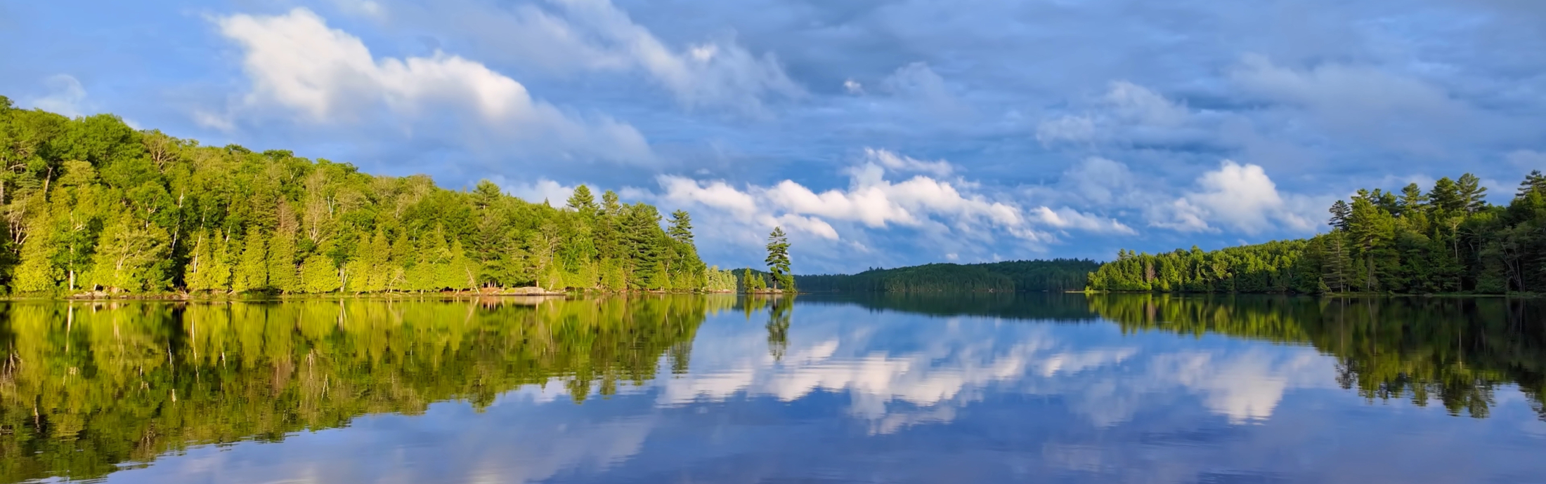 Still lake in Bancroft, Northern Ontario, surrounded by trees.