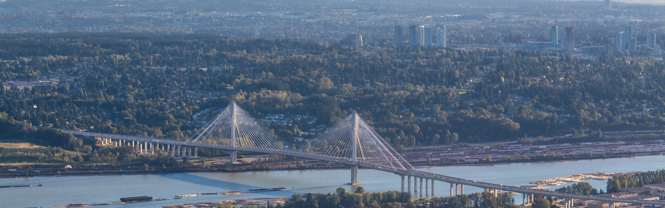 Aerial view of the Port Mann bridge in Vancouver, British Columbia.