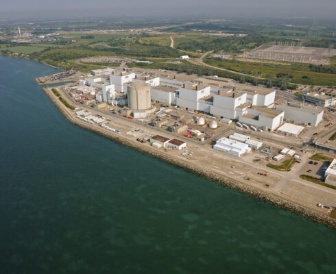 Aerial view of the Darlington Nuclear Generating Station on the shore of Lake Ontario.