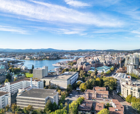 Aerial view of downtown Victoria BC in Canada on a sunny day.