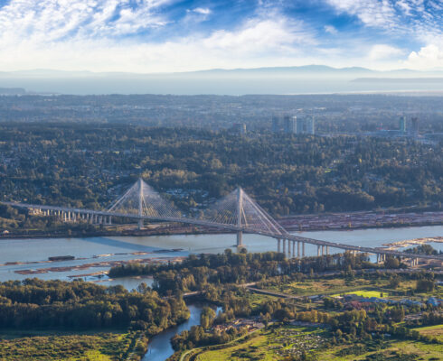 Aerial view of the Port Mann bridge in Vancouver, British Columbia.