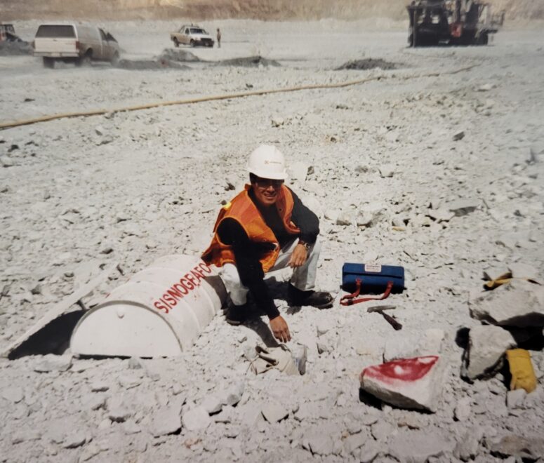 Alipio monitors blast rock fragmentation with a seismographer back in 2000.